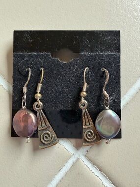 4 pcs Handmade Silver-Tone Tribal Drop Earrings with Iridescent Pearl Discs